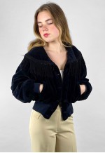 80's Vintage Black Velvet Bomber Fringed Quilted Jacket