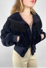 80's Vintage Black Velvet Bomber Fringed Quilted Jacket