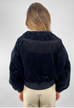 80's Vintage Black Velvet Bomber Fringed Quilted Jacket