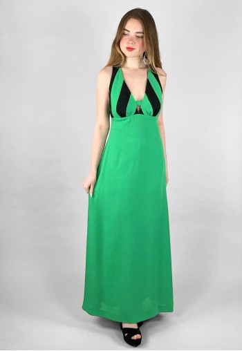 Vera Mont Of Paris Crepe Green Black Halter Neck Maxi Dress