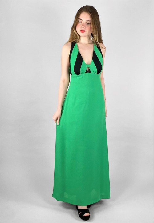 Vera Mont Of Paris Crepe Green Black Halter Neck Maxi Dress