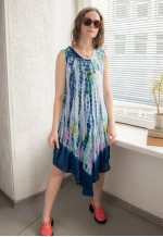 Vintage Blue Tie-Dye Rayon Wide Midi Dress