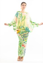 Leaves and Floral Scarf Pirnt Pleated Dress in Kimono sleeves