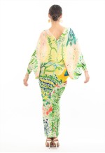 Leaves and Floral Scarf Pirnt Pleated Dress in Kimono sleeves