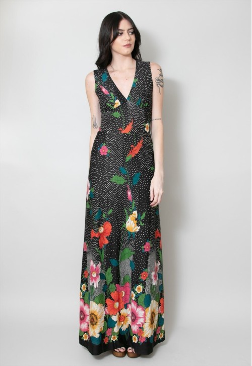70's Vintage Black Floral Polka Dot Sleeveless Maxi Dress