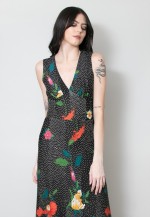 70's Vintage Black Floral Polka Dot Sleeveless Maxi Dress