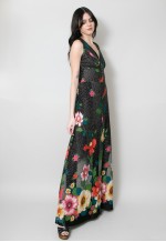70's Vintage Black Floral Polka Dot Sleeveless Maxi Dress