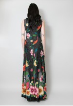 70's Vintage Black Floral Polka Dot Sleeveless Maxi Dress