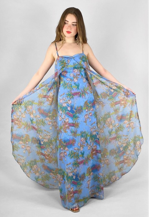 70's Vintage Blue Floral Slip Sheer Maxi Dress
