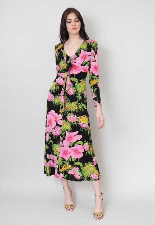 70's Vintage Midi Dress With Crop Jacket Black Floral