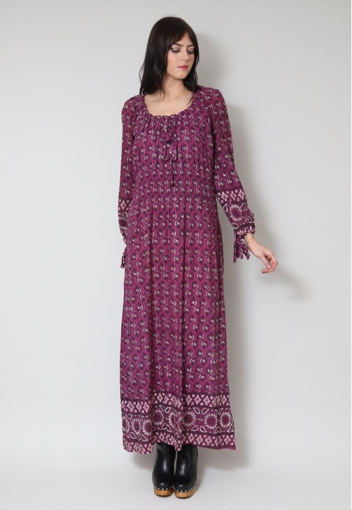 70's Vintage Long Sleeve Maxi Dress Purple Indian Cotton