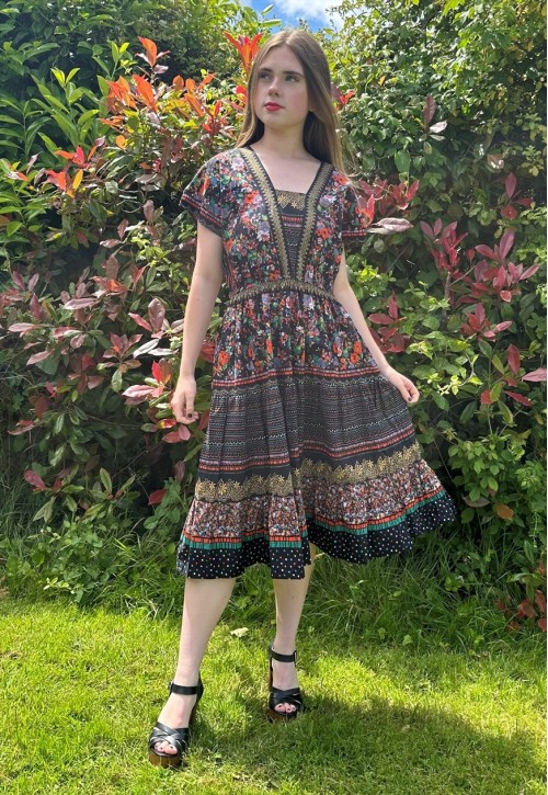 70's Vintage Black Floral Cotton Prairie Short Sleeve Dress