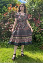 70's Vintage Black Floral Cotton Prairie Short Sleeve Dress