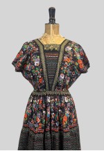 70's Vintage Black Floral Cotton Prairie Short Sleeve Dress