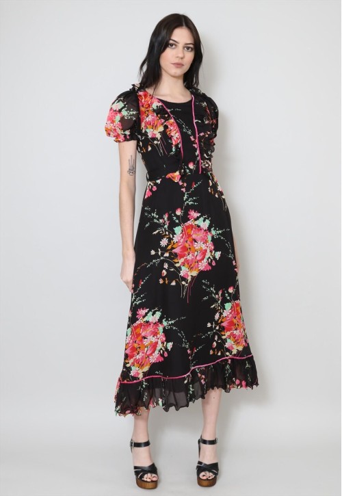 70's Vintage Short Sleeve Maxi Dress Sleeveless Black Floral