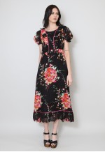70's Vintage Short Sleeve Maxi Dress Sleeveless Black Floral