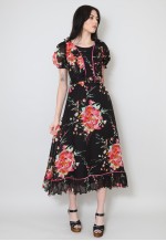 70's Vintage Short Sleeve Maxi Dress Sleeveless Black Floral