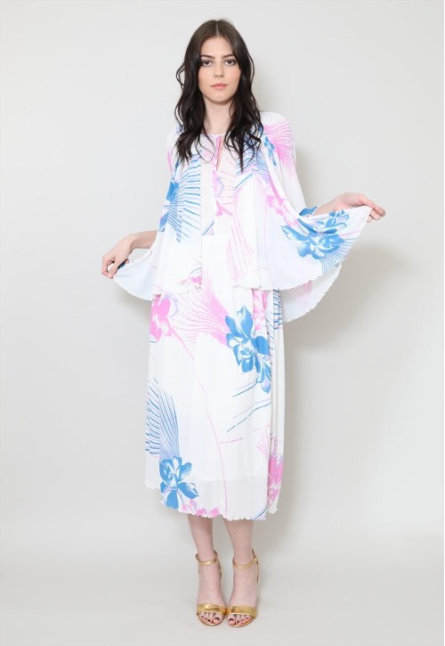70's Ladies Vintage Dress White Caped Pink Floral Midi
