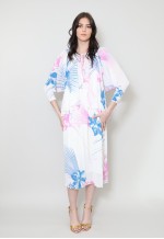 70's Ladies Vintage Dress White Caped Pink Floral Midi