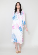 70's Ladies Vintage Dress White Caped Pink Floral Midi