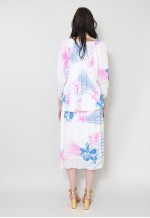 70's Ladies Vintage Dress White Caped Pink Floral Midi