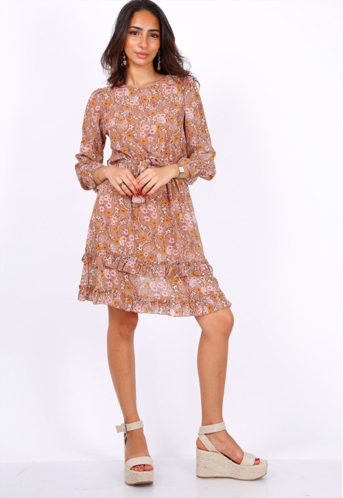 Camel Long Sleeve Mini Dress In Chiffon Paisley Print