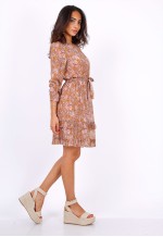 Camel Long Sleeve Mini Dress In Chiffon Paisley Print