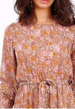 Camel Long Sleeve Mini Dress In Chiffon Paisley Print