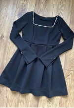Square neck long sleeve rhinestone black scuba dress