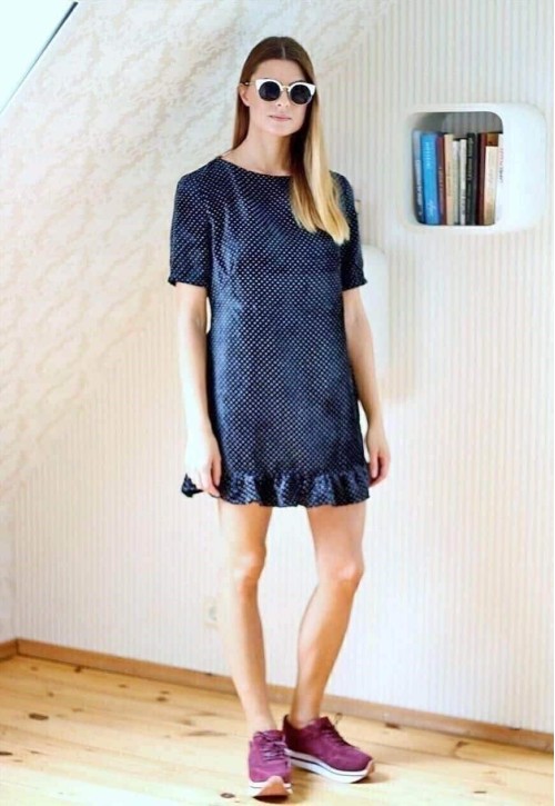 Navy blue soft velour dress with white polka dots