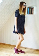 Navy blue soft velour dress with white polka dots